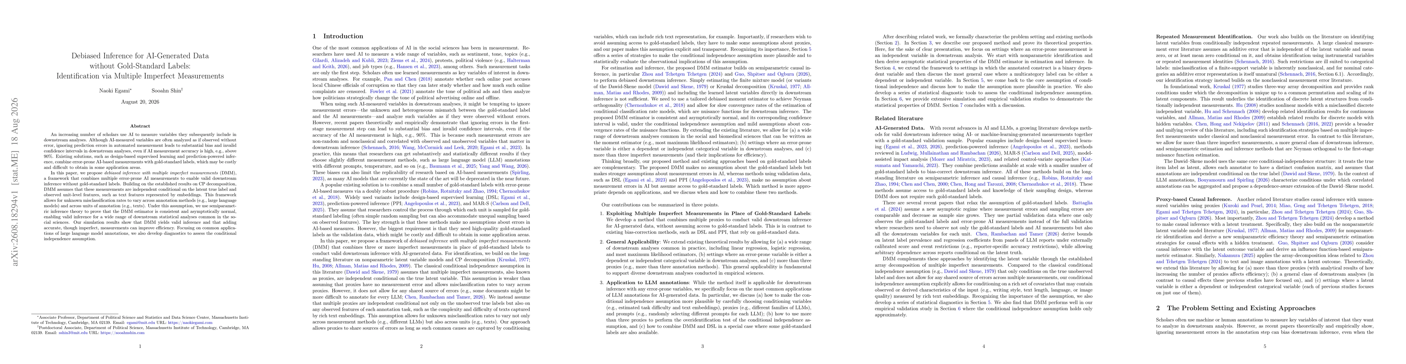 Thumbnail for Debiased Inference for AI-Generated Data without Gold-Standard Labels: Identification via Multiple Imperfect Measurements