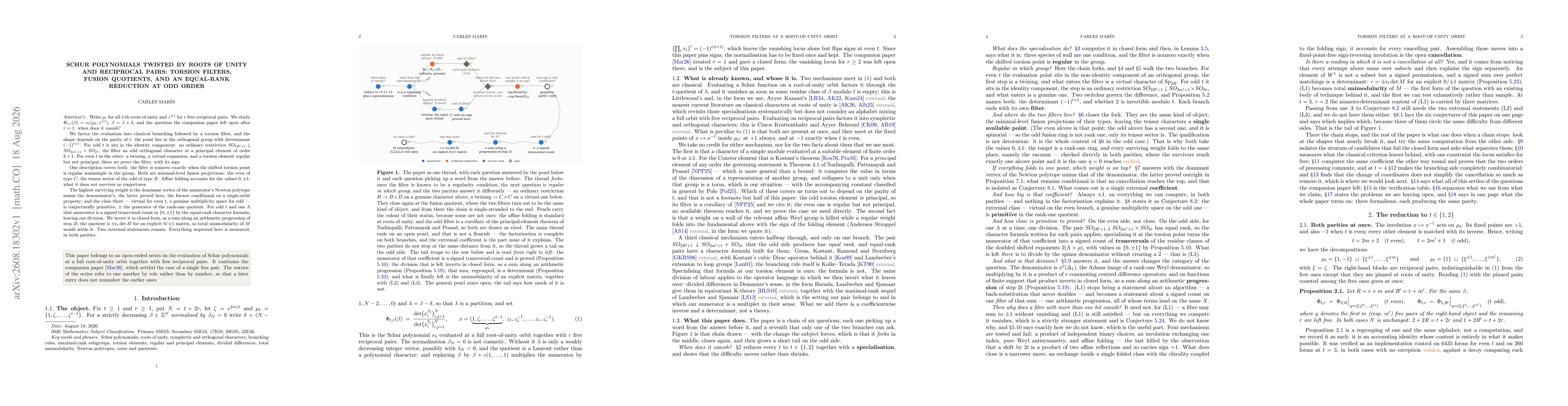 Thumbnail for Schur polynomials twisted by roots of unity and reciprocal pairs: torsion filters, fusion quotients, and an equal-rank reduction at odd order