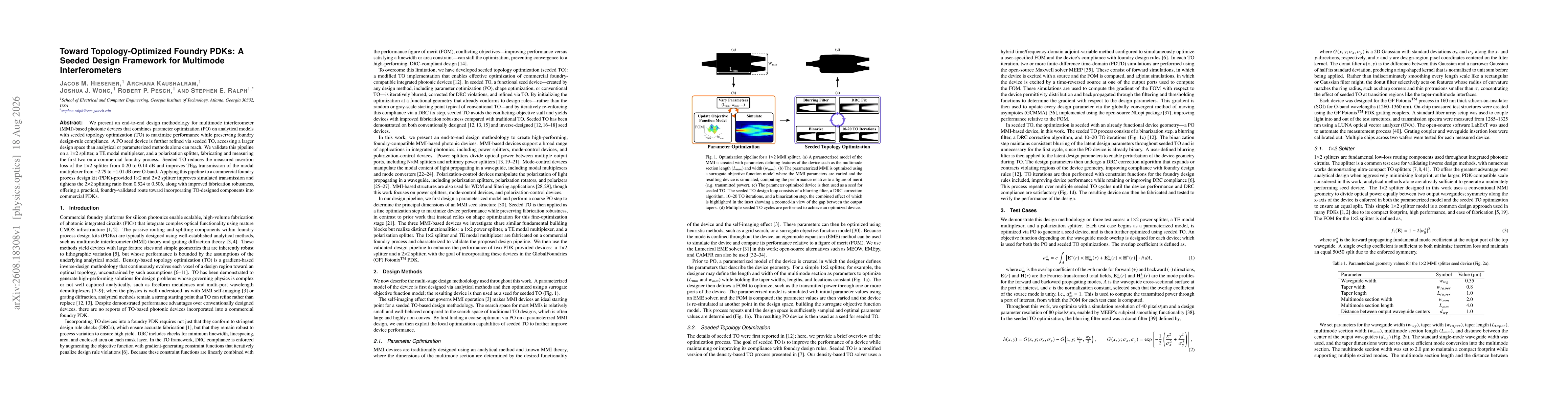 Thumbnail for Toward Topology-Optimized Foundry PDKs: A Seeded Design Framework for Multimode Interferometers