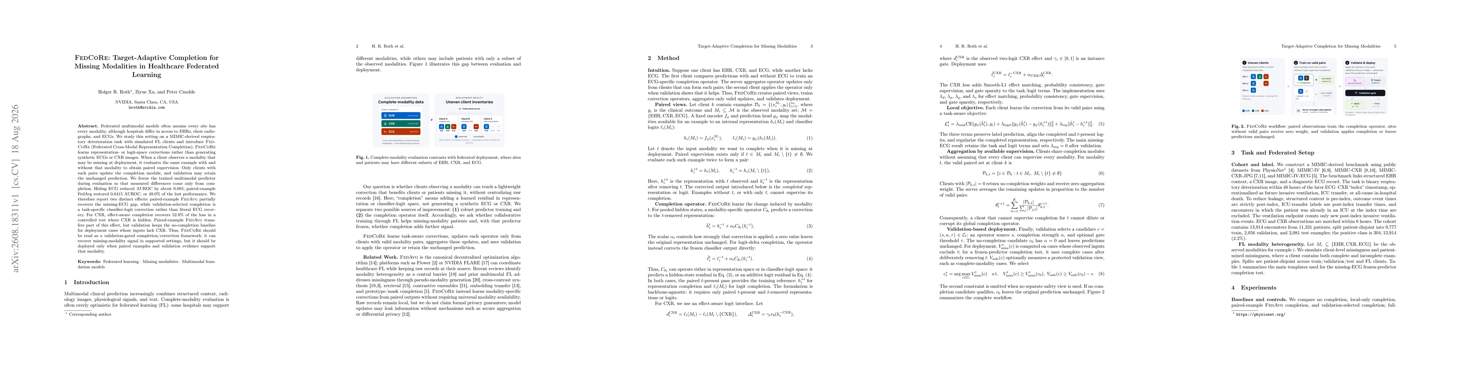 Thumbnail for FedCoRe: Target-Adaptive Completion for Missing Modalities in Healthcare Federated Learning