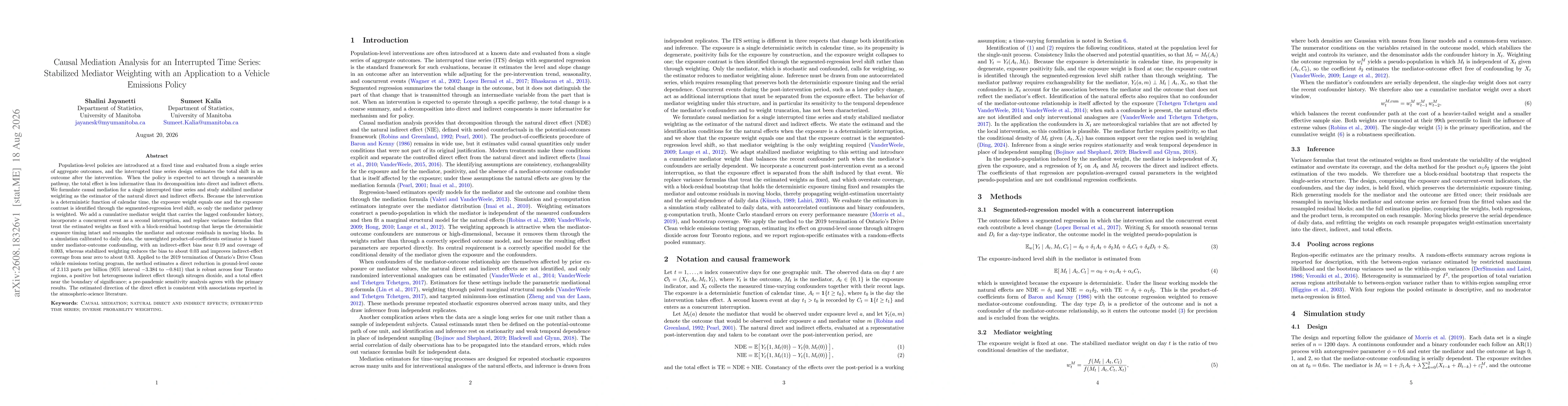 Thumbnail for Causal Mediation Analysis for an Interrupted Time Series: Stabilized Mediator Weighting with an Application to a Vehicle Emissions Policy
