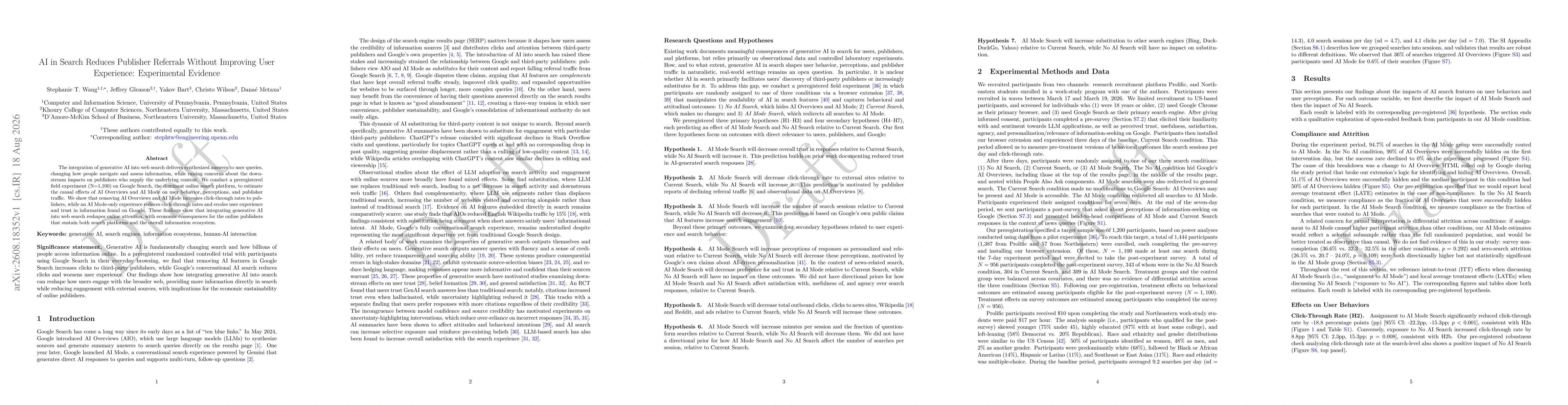 Thumbnail for AI in Search Reduces Publisher Referrals Without Improving User Experience: Experimental Evidence
