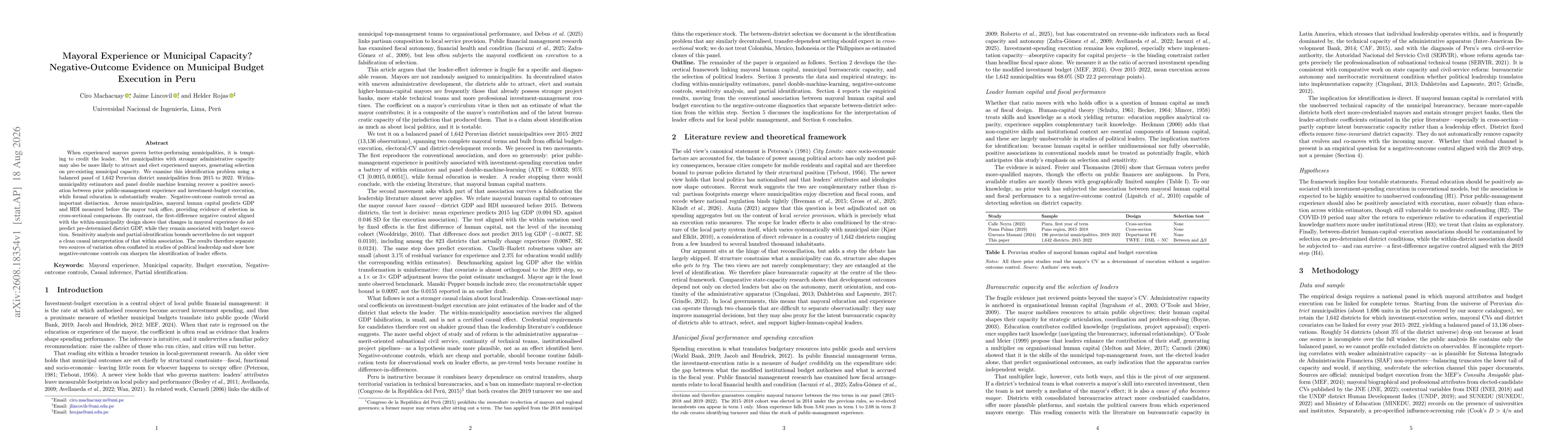 Thumbnail for Mayoral Experience or Municipal Capacity? Negative-Outcome Evidence on Municipal Budget Execution in Peru