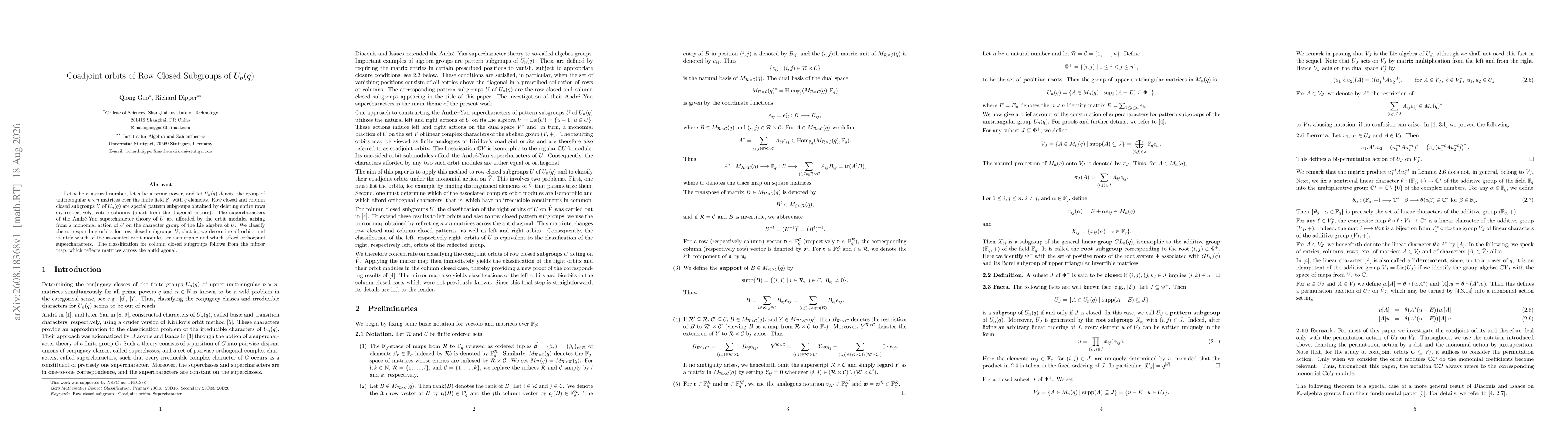 Thumbnail for Coadjoint orbits of Row Closed Subgroups of $U_n(q)$