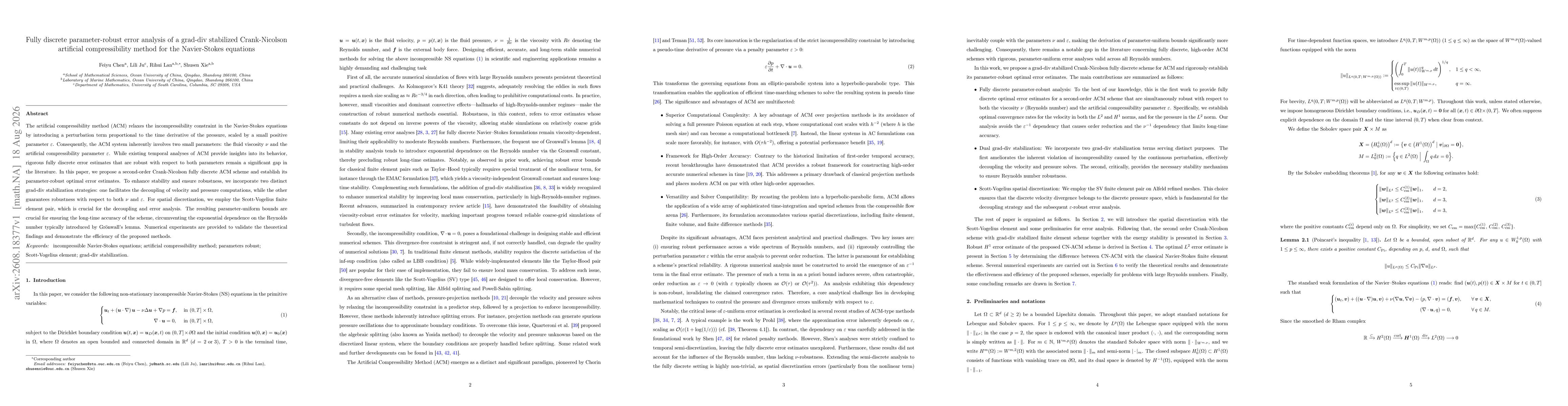 Thumbnail for Fully discrete parameter-robust error analysis of a grad-div stabilized Crank-Nicolson artificial compressibility method for the Navier-Stokes equations