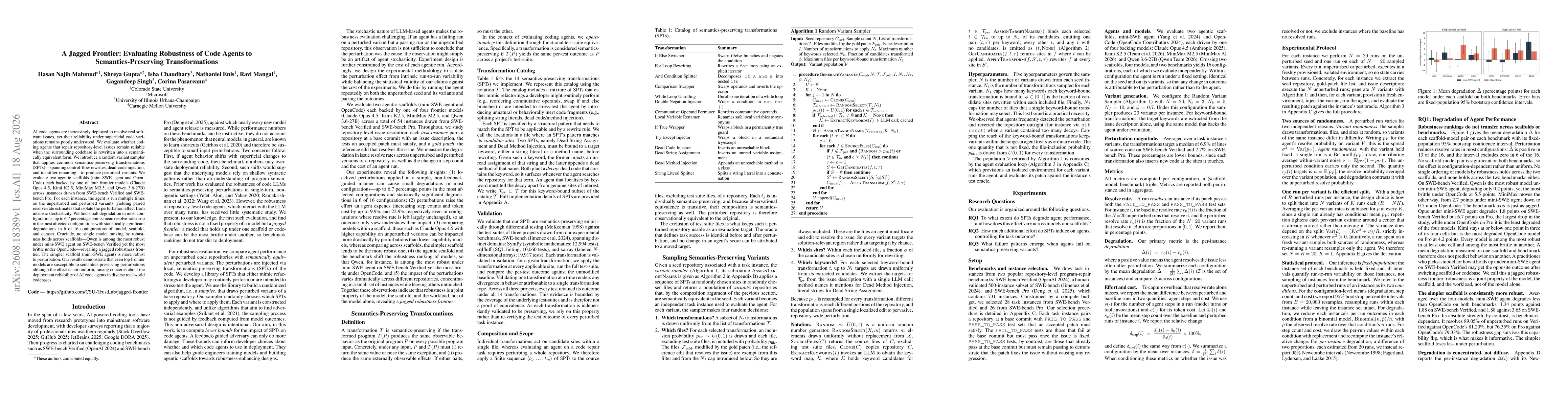 Thumbnail for A Jagged Frontier: Evaluating Robustness of Code Agents to Semantics-Preserving Transformations