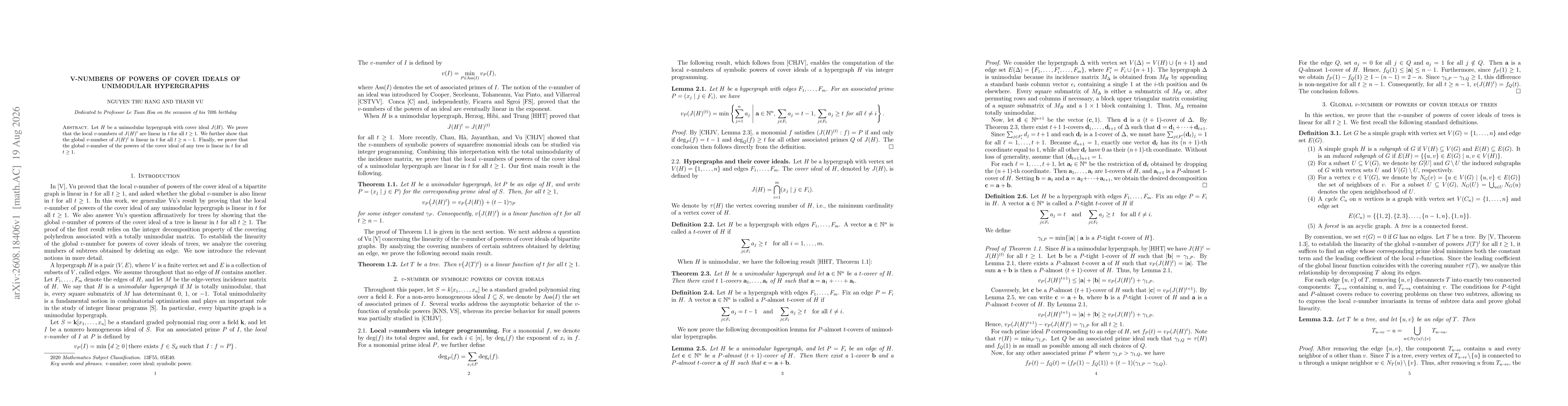 Thumbnail for V-numbers of powers of cover ideals of unimodular hypergraphs