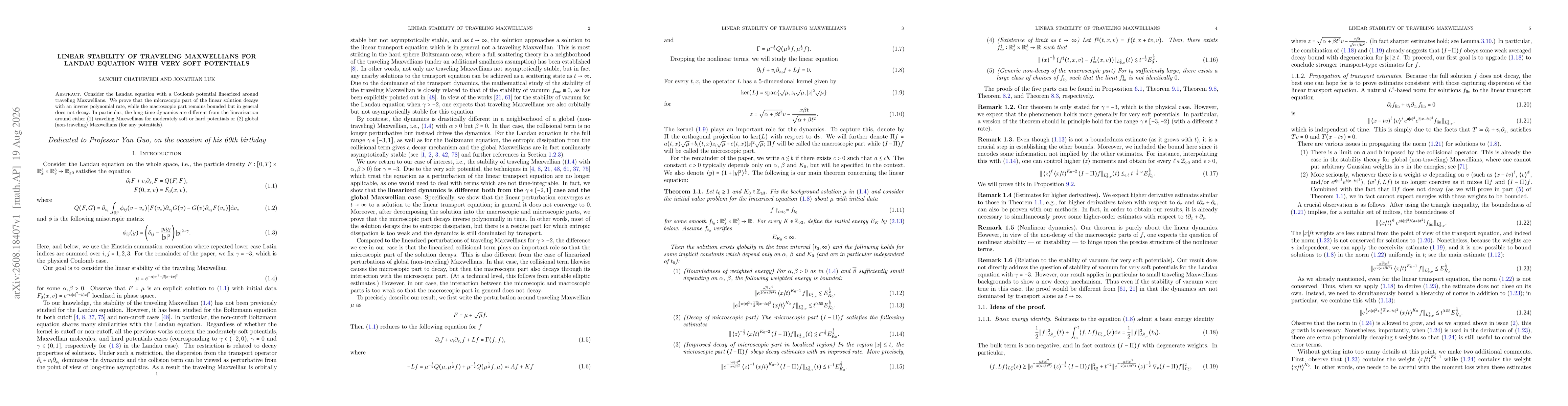 Thumbnail for Linear stability of traveling Maxwellians for Landau equation with very soft potentials