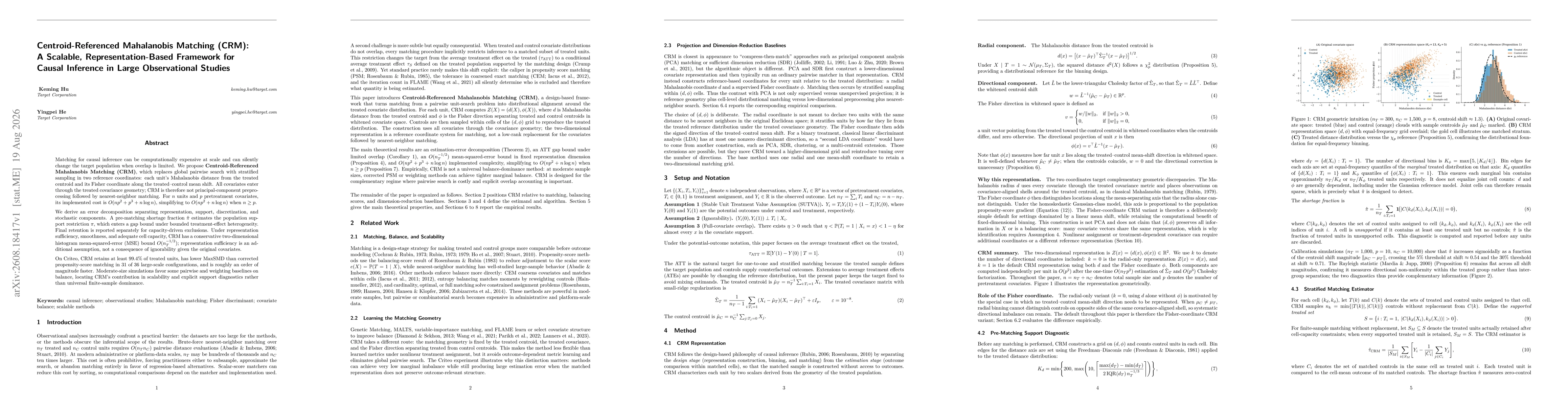 Thumbnail for Centroid-Referenced Mahalanobis Matching (CRM): A Scalable, Representation-Based Framework for Causal Inference in Large Observational Studies