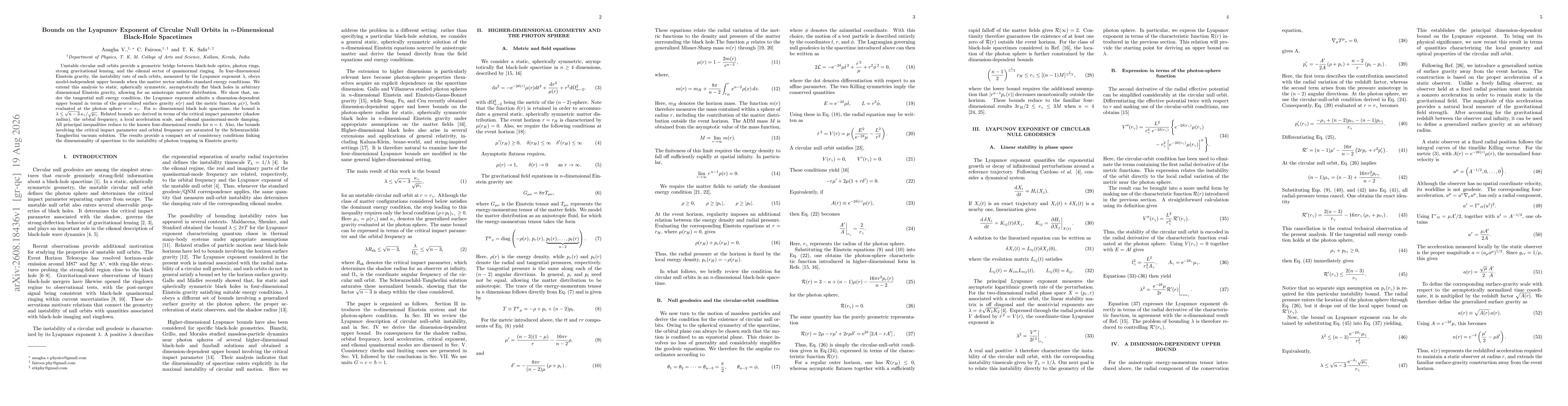 Thumbnail for Bounds on the Lyapunov Exponent of Circular Null Orbits in $n$-Dimensional Black-Hole Spacetimes