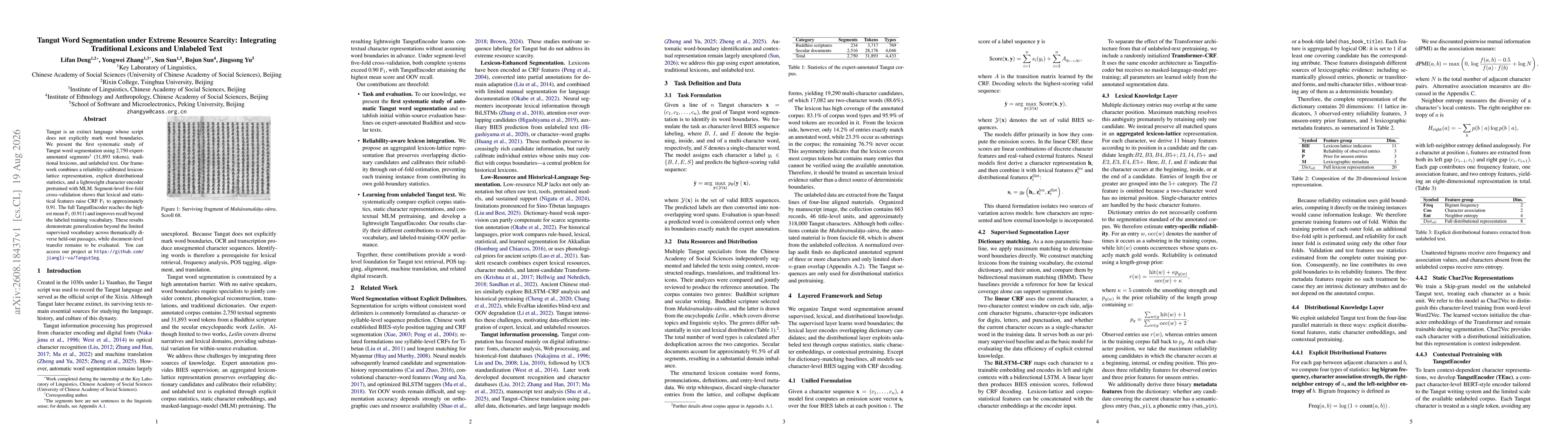 Thumbnail for Tangut Word Segmentation under Extreme Resource Scarcity: Integrating Traditional Lexicons and Unlabeled Text
