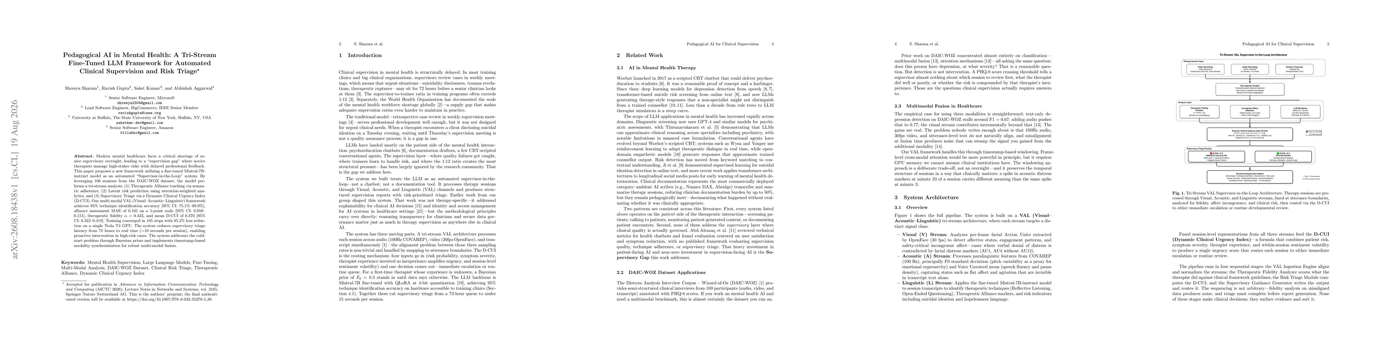 Thumbnail for Pedagogical AI in Mental Health: A Tri-Stream Fine-Tuned LLM Framework for Automated Clinical Supervision and Risk Triage