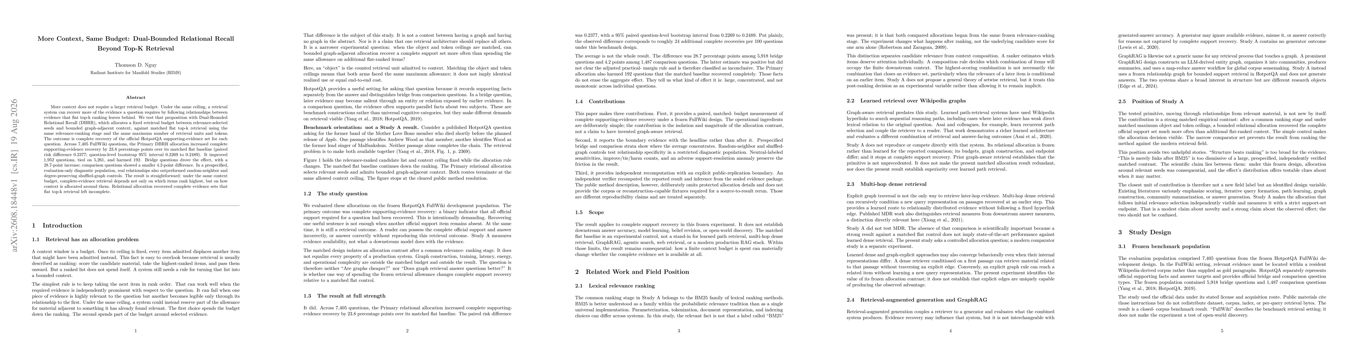 Thumbnail for More Context, Same Budget: Dual-Bounded Relational Recall Beyond Top-K Retrieval