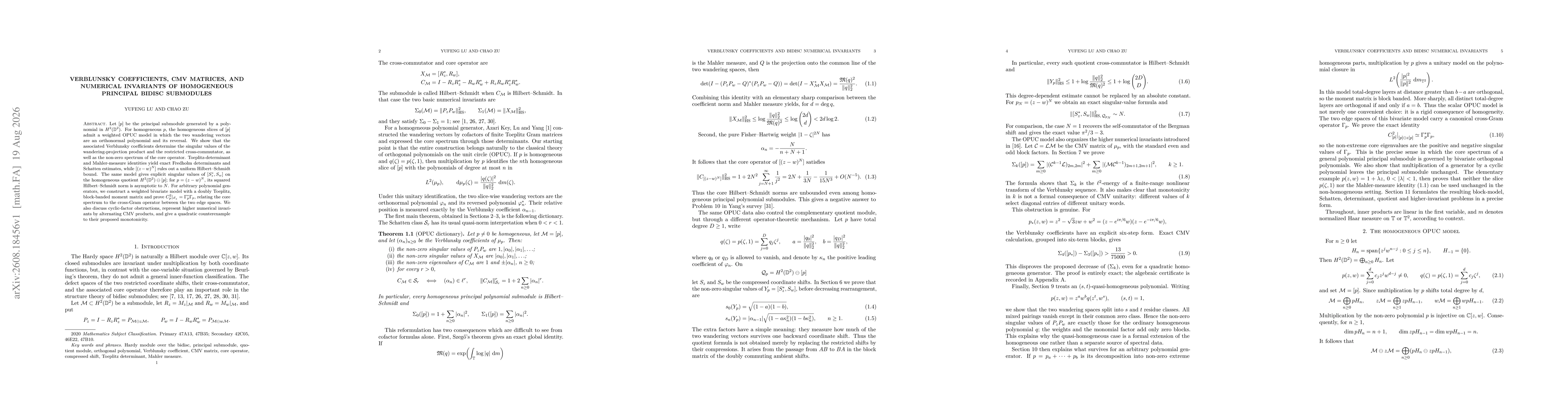 Thumbnail for Verblunsky coefficients, CMV matrices and numerical invariants of homogeneous bidisc submodules