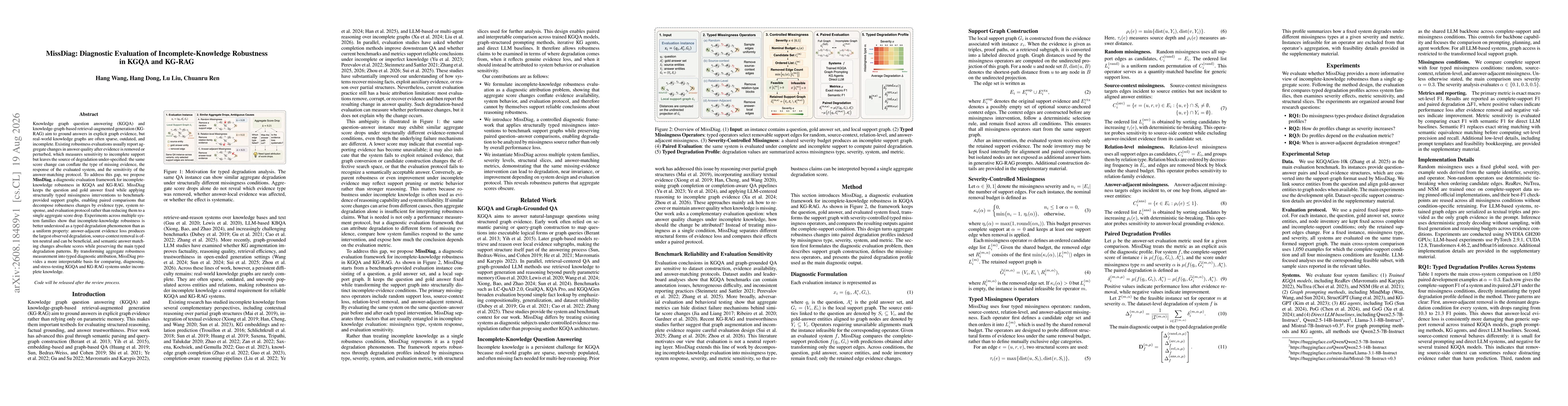 Thumbnail for MissDiag: Diagnostic Evaluation of Incomplete-Knowledge Robustness in KGQA and KG-RAG