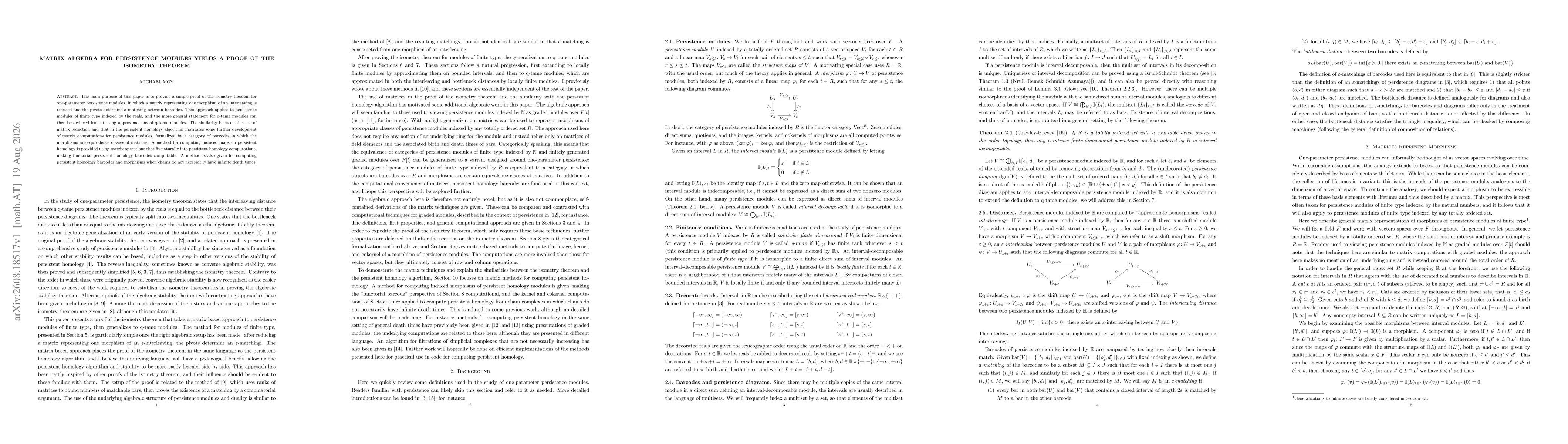 Thumbnail for Matrix Algebra for Persistence Modules Yields a Proof of the Isometry Theorem