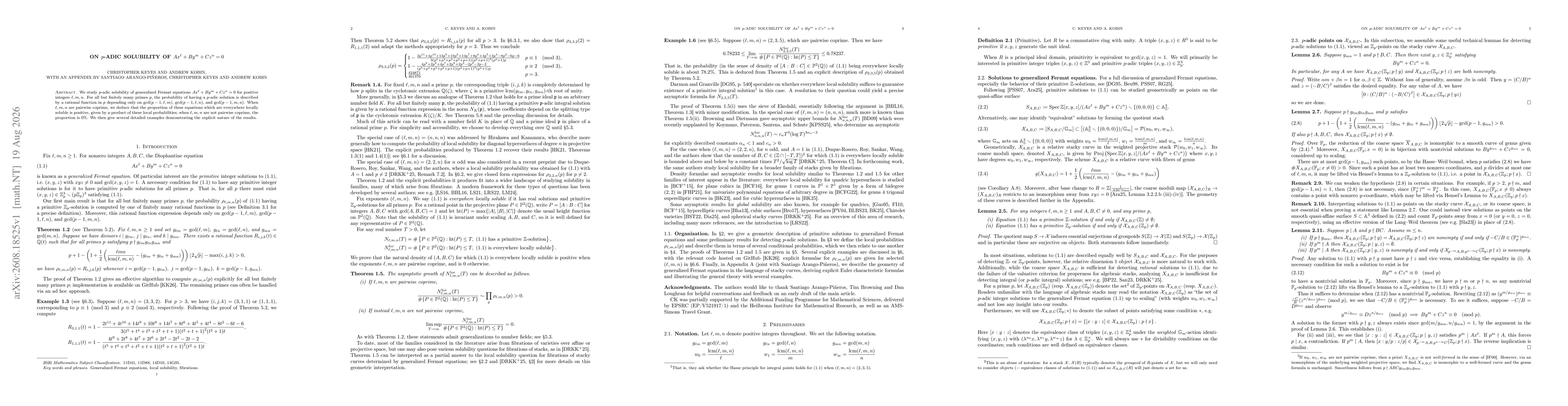 Thumbnail for On $p$-adic solubility of $Ax^\ell + By^m + Cz^n = 0$
