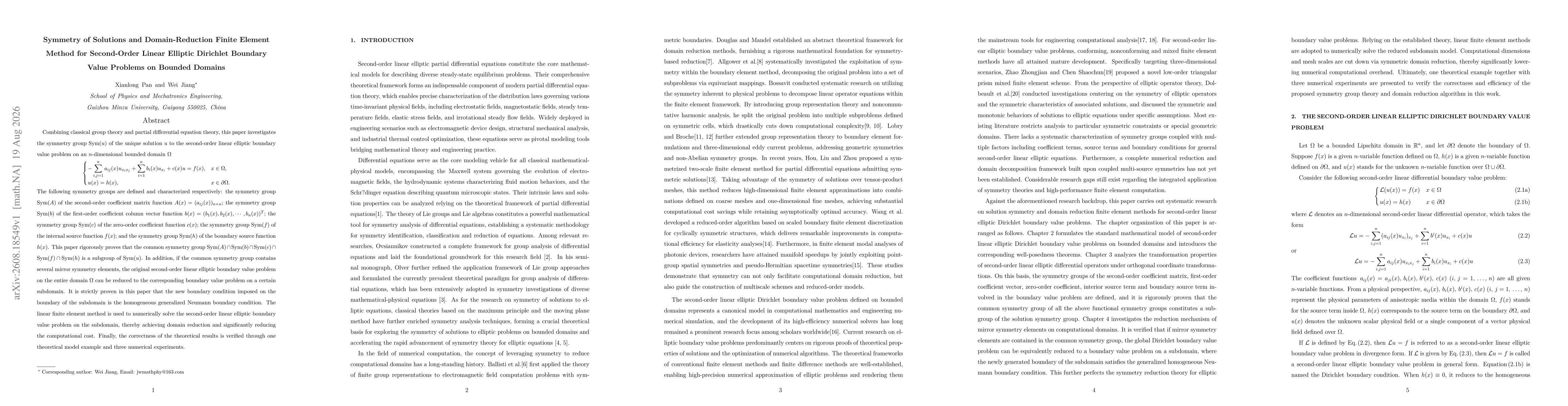 Thumbnail for Symmetry of Solutions and Domain-Reduction Finite Element Method for Second-Order Linear Elliptic Dirichlet Boundary Value Problems on Bounded Domains