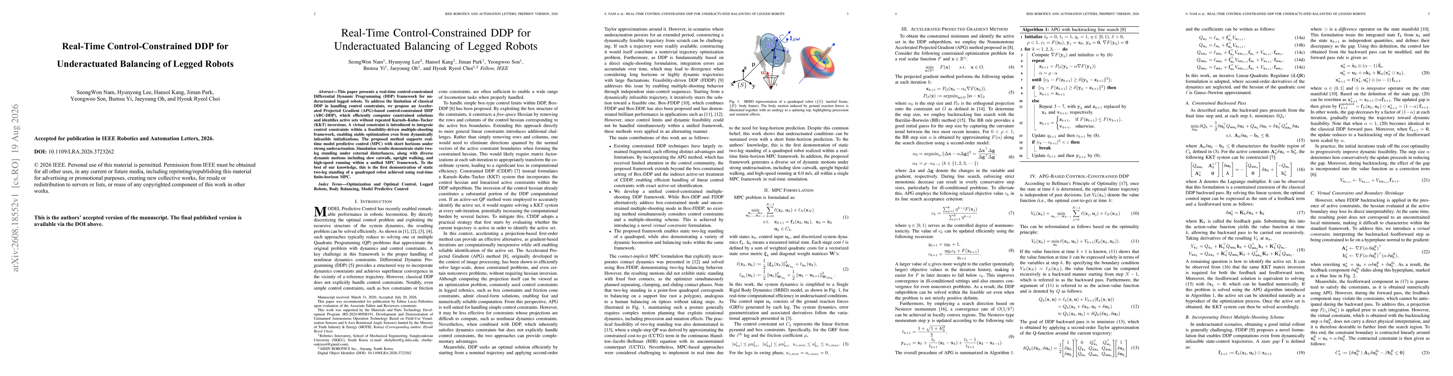Thumbnail for Real-Time Control-Constrained DDP for Underactuated Balancing of Legged Robots