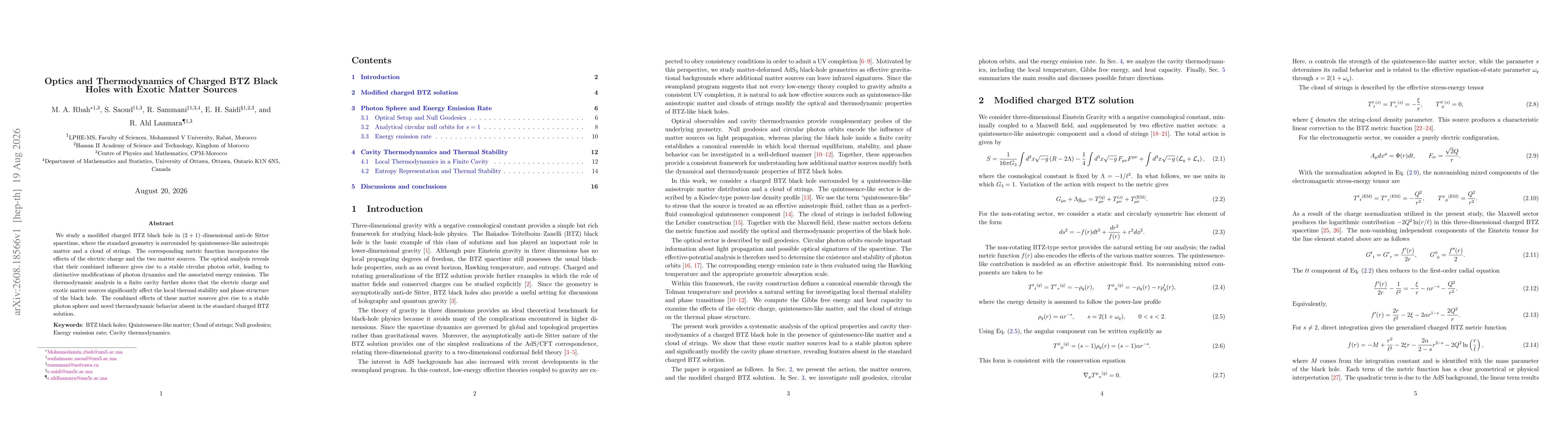 Thumbnail for Optics and Thermodynamics of Charged BTZ Black Holes with Exotic Matter Sources