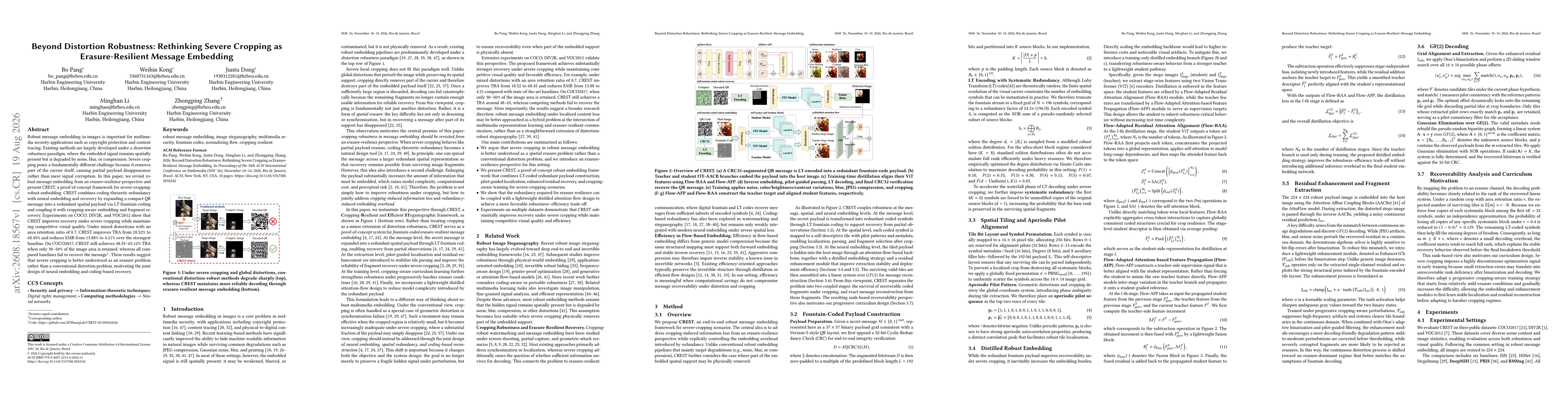 Thumbnail for Beyond Distortion Robustness: Rethinking Severe Cropping as Erasure-Resilient Message Embedding