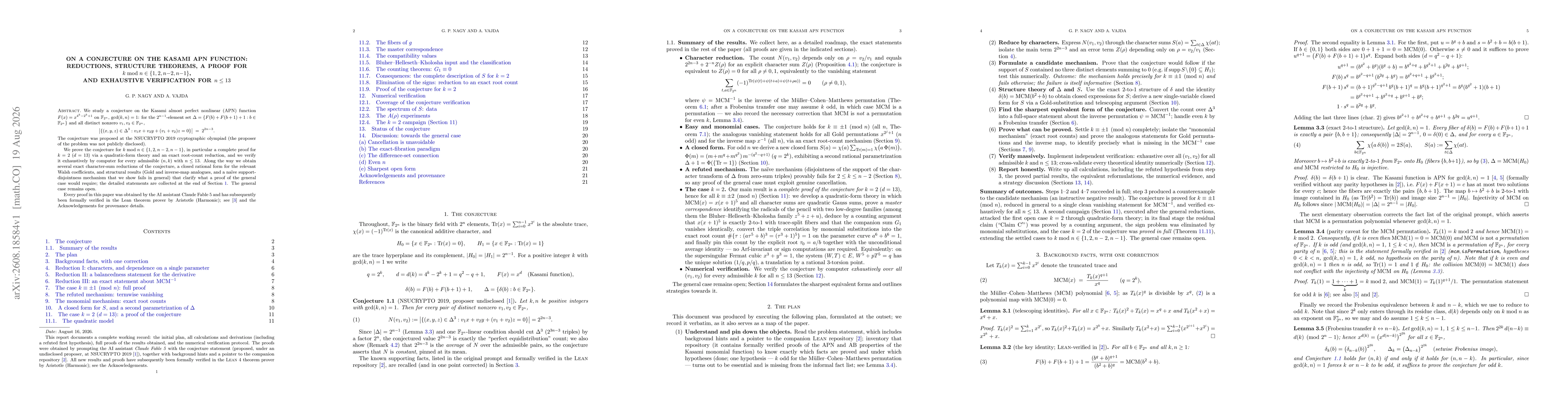 Thumbnail for On a conjecture on the Kasami APN function: reductions, structure theorems, a proof for $k\bmod n\in\{1,2,n{-}2,n{-}1\}$, and exhaustive verification for $n\le 13$