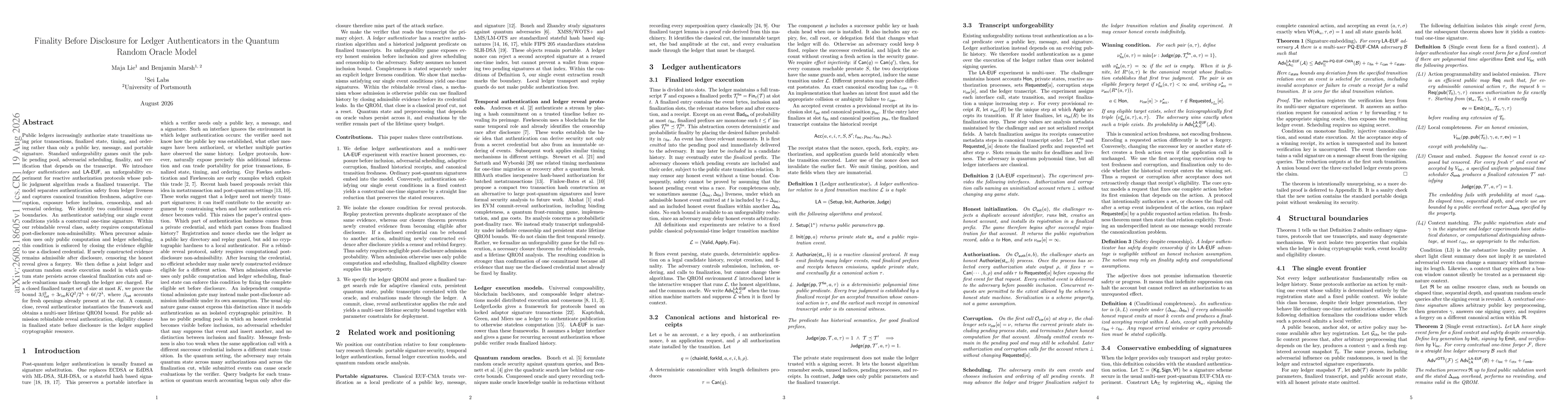 Thumbnail for Finality Before Disclosure for Ledger Authenticators in the Quantum Random Oracle Model