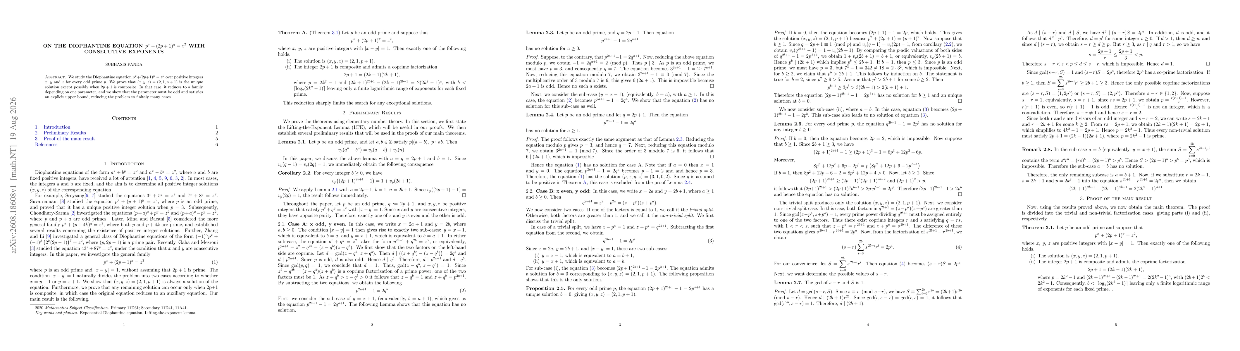 Thumbnail for On the Diophantine Equation $p^x+ (2p+1)^y =z^2$ with Consecutive Exponents