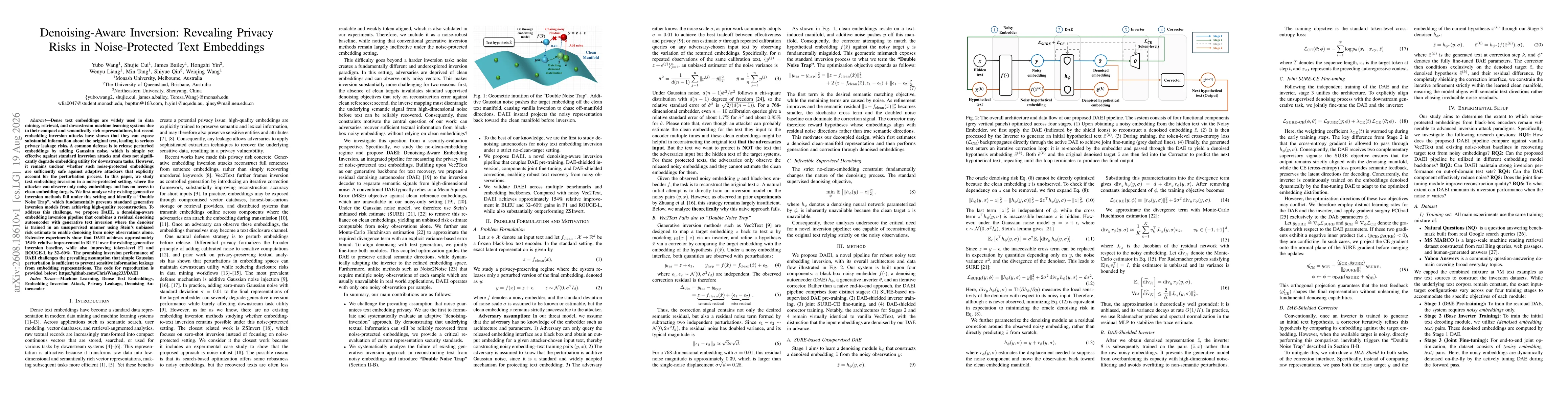 Thumbnail for Denoising-Aware Inversion: Revealing Privacy Risks in Noise-Protected Text Embeddings