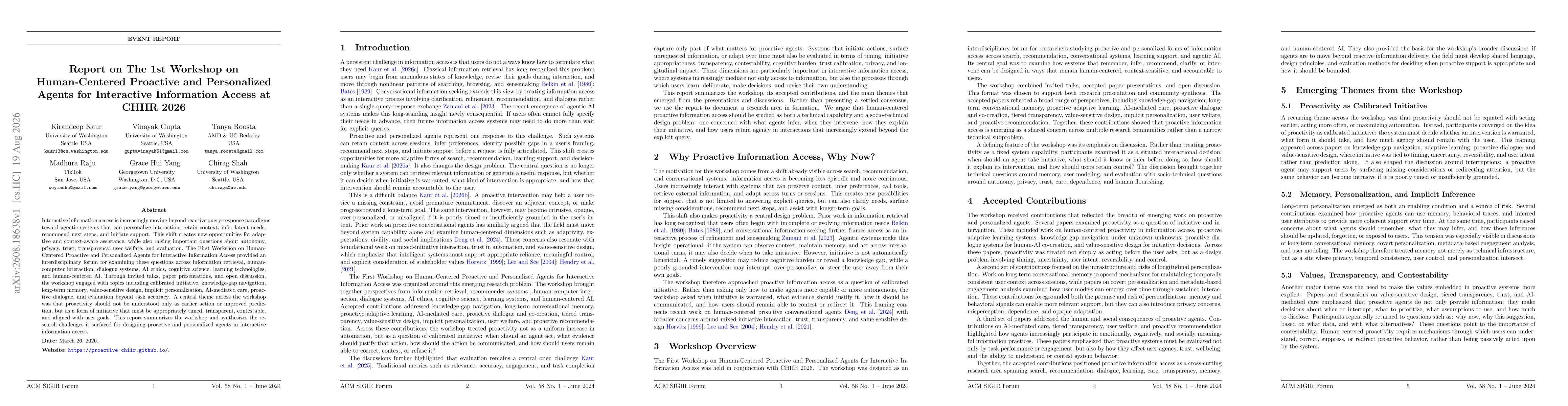 Thumbnail for Report on The 1st Workshop on Human-Centered Proactive and Personalized Agents for Interactive Information Access at CHIIR 2026
