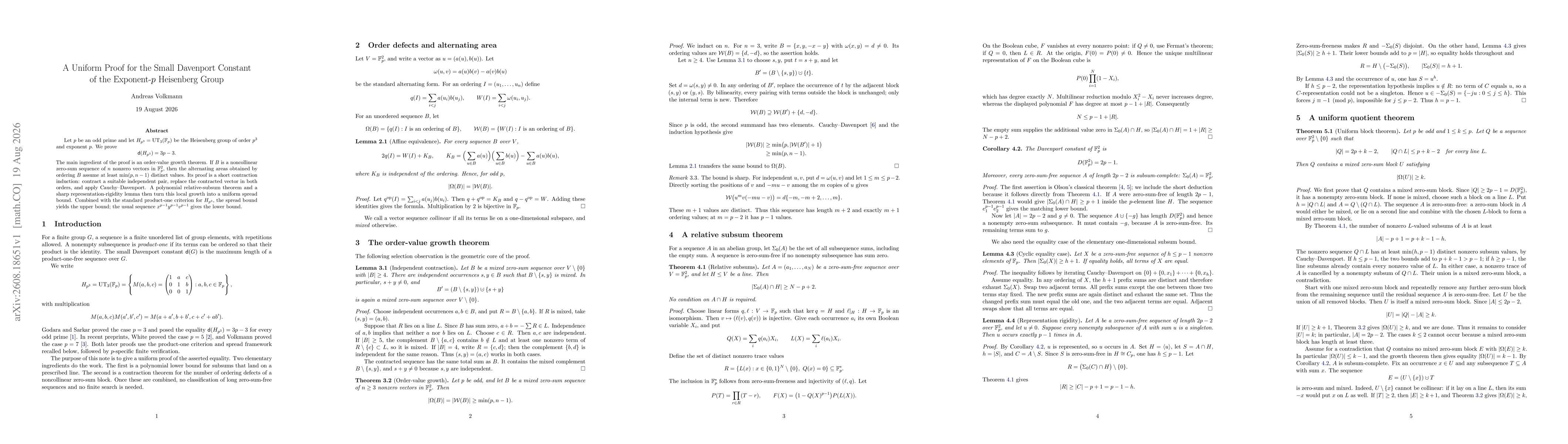 Thumbnail for A Uniform Proof for the Small Davenport Constant of the Exponent-$p$ Heisenberg Group