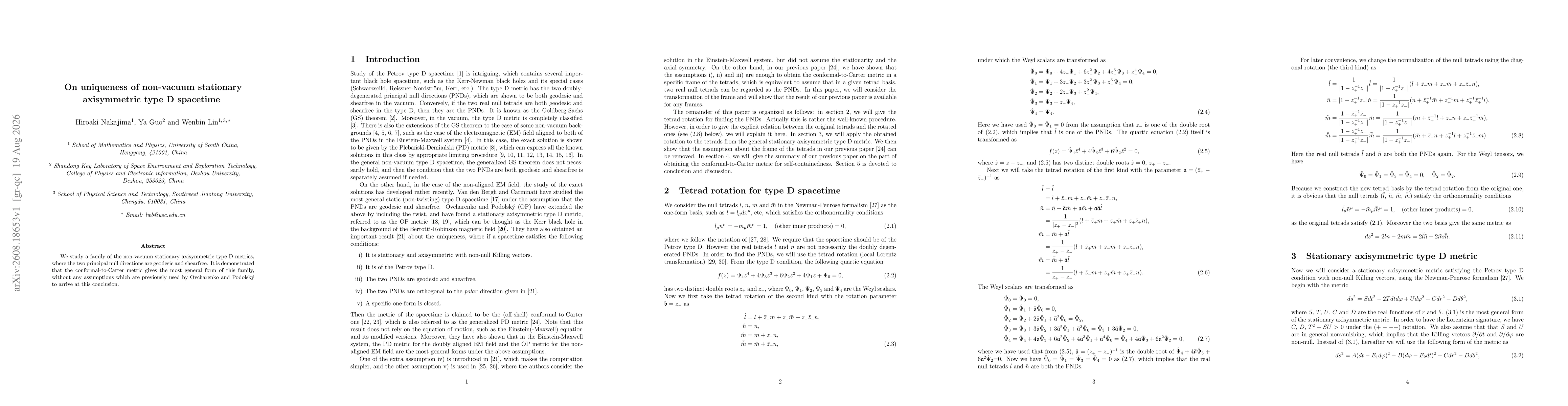 Thumbnail for On uniqueness of non-vacuum stationary axisymmetric type D spacetime