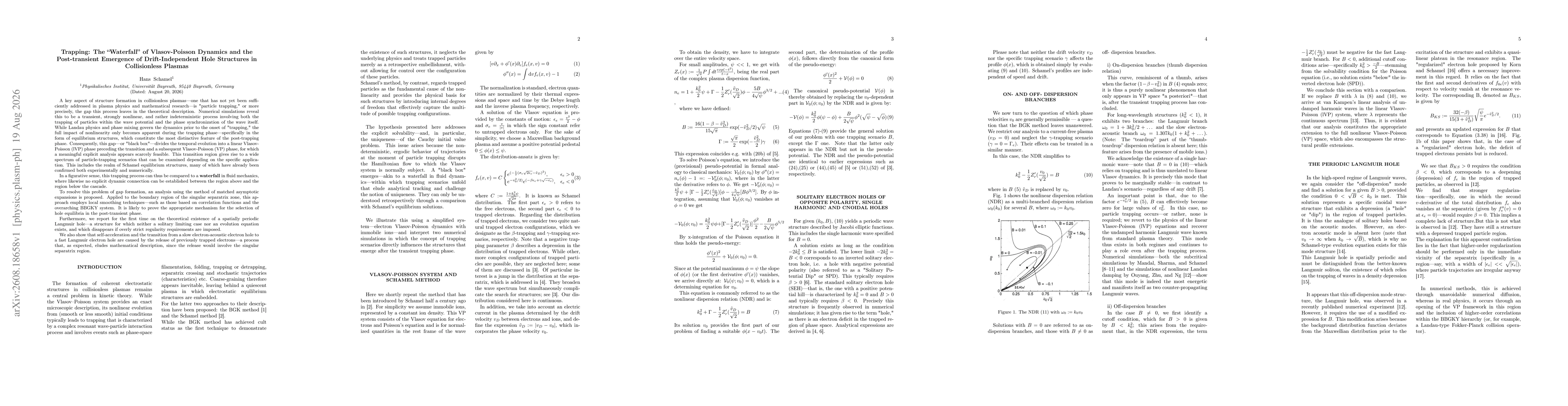 Thumbnail for Trapping: The "Waterfall" of Vlasov-Poisson Dynamics and the Post-Transient Emergence of Drift-Independent Hole Structures in Collisionless Plasmas