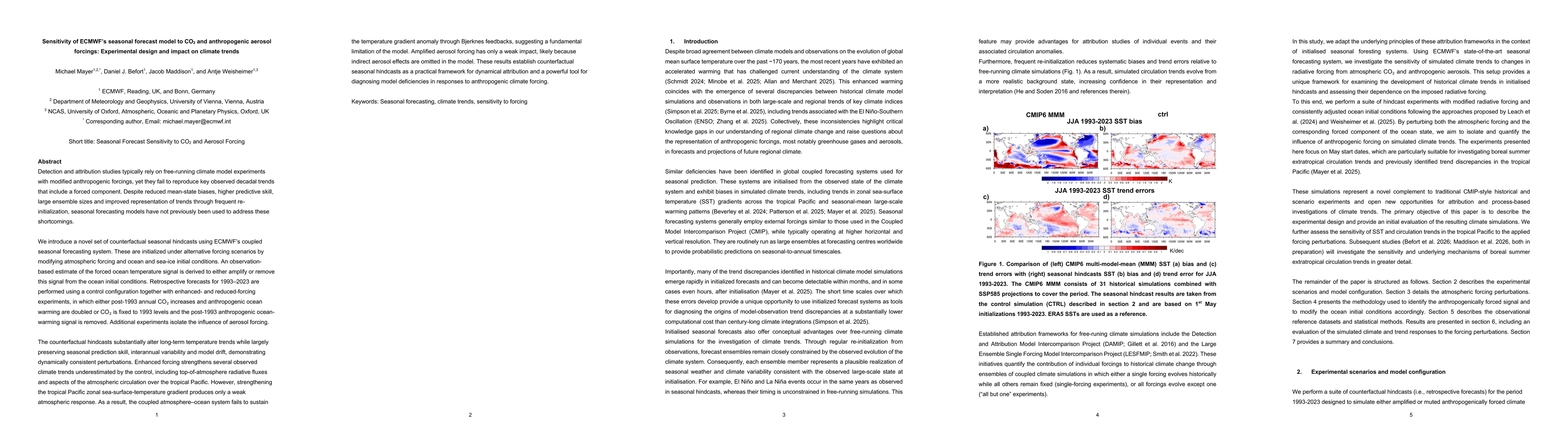 Thumbnail for Sensitivity of the ECMWF seasonal forecast model to CO2 and anthropogenic aerosol forcings: Experimental design and impact on climate trends