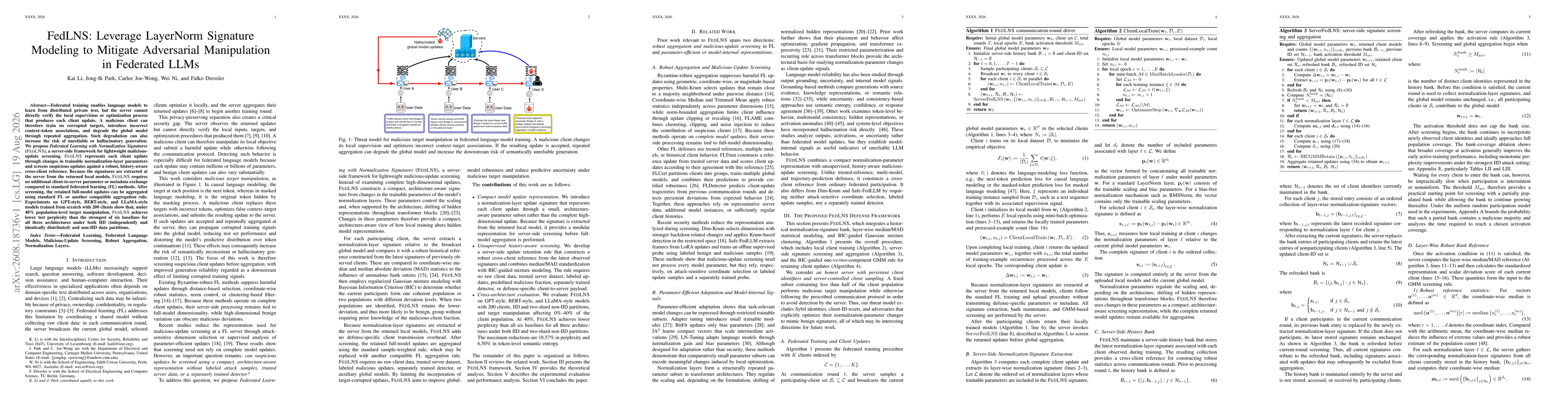 Thumbnail for FedLNS: Leverage LayerNorm Signature Modeling to Mitigate Adversarial Manipulation in Federated LLMs