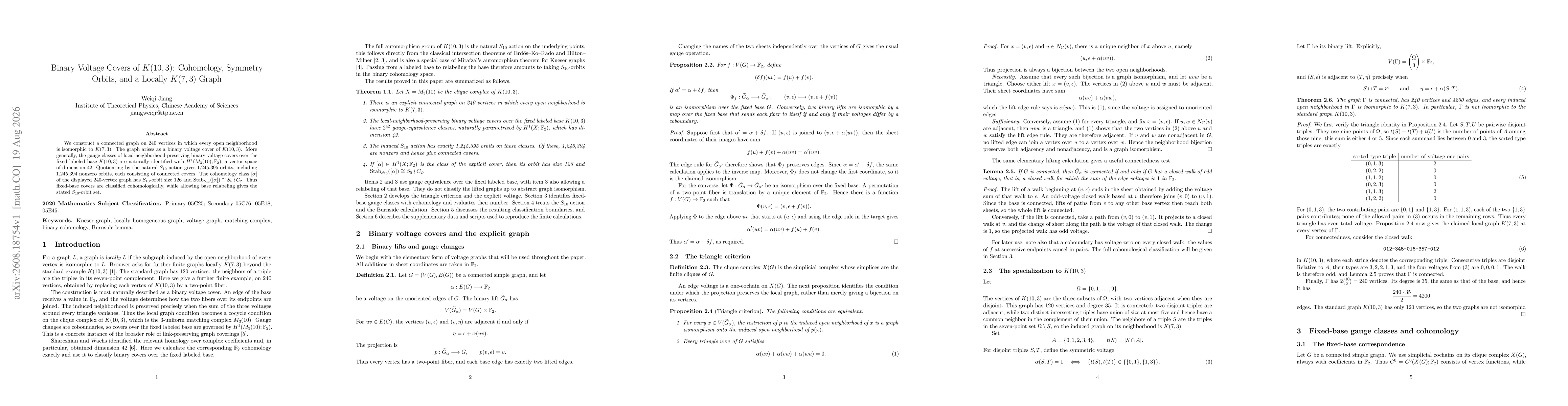Thumbnail for Binary Voltage Covers of $K(10,3)$: Cohomology, Symmetry Orbits, and a Locally $K(7,3)$ Graph