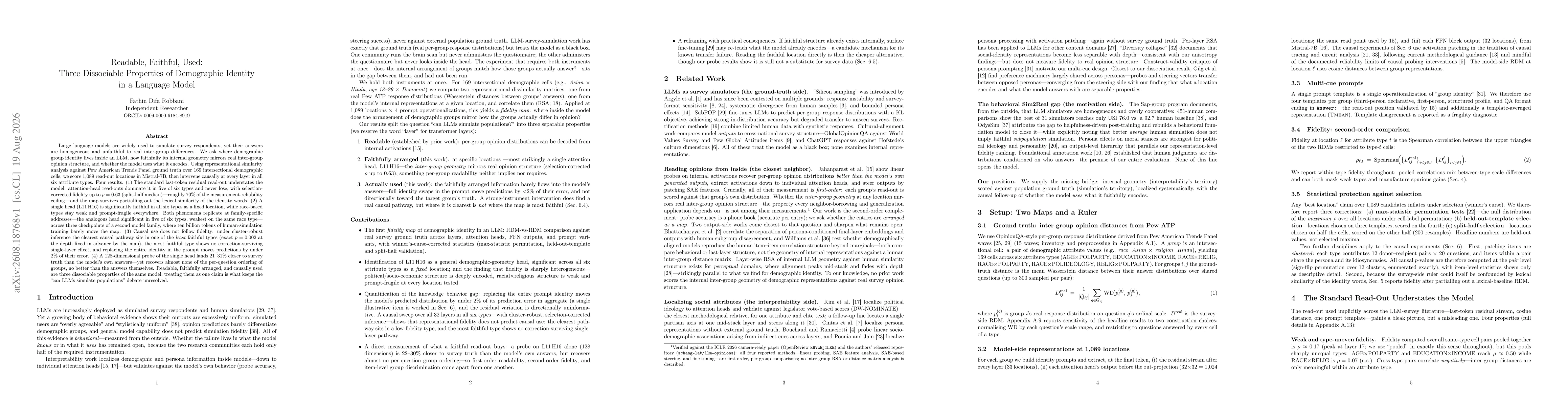 Thumbnail for Readable, Faithful, Used: Three Dissociable Properties of Demographic Identity in a Language Model