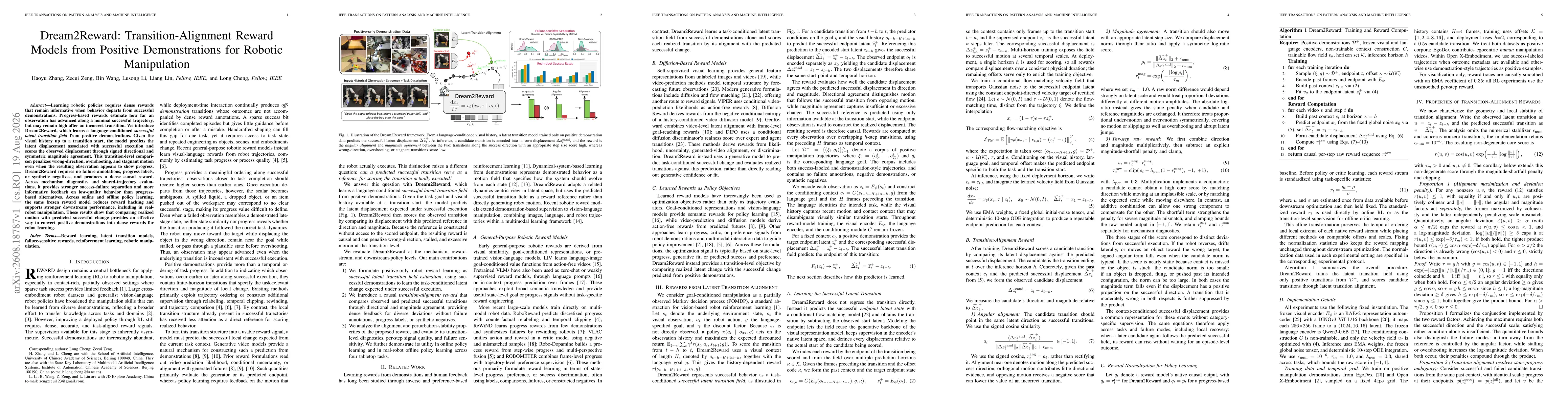 Thumbnail for Dream2Reward: Transition-Alignment Reward Models from Positive Demonstrations for Robotic Manipulation
