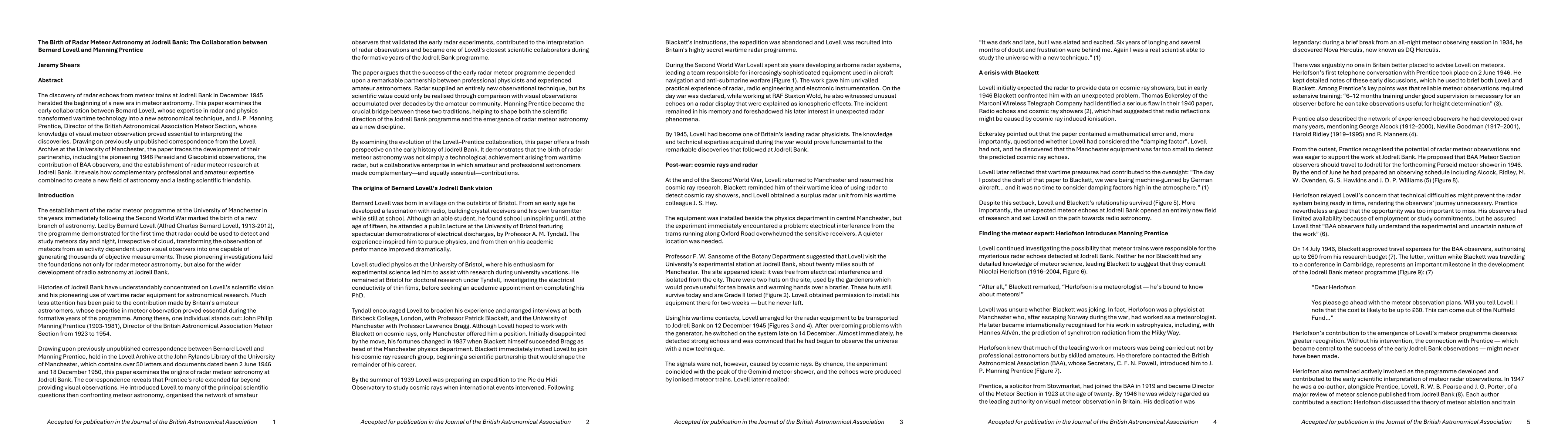 Thumbnail for The Birth of Radar Meteor Astronomy at Jodrell Bank: The Collaboration between Bernard Lovell and Manning Prentice