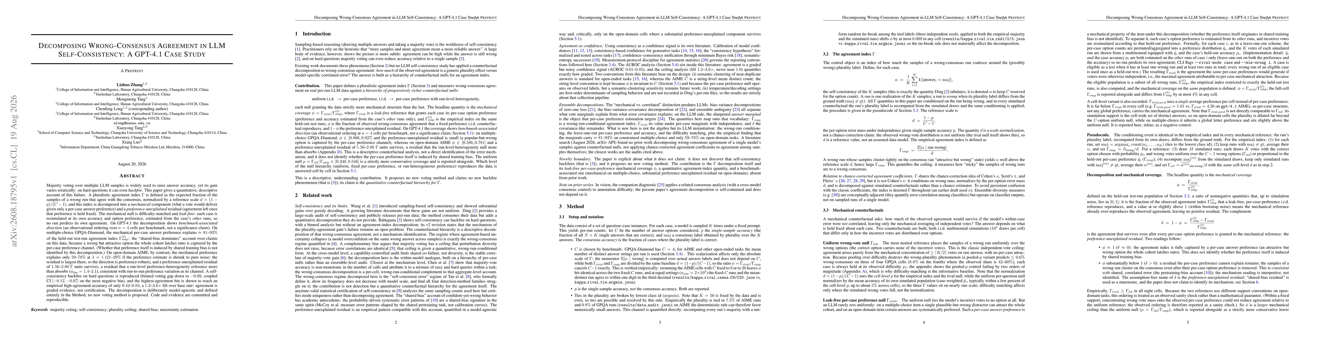 Thumbnail for Decomposing Wrong-Consensus Agreement in LLM Self-Consistency: A GPT-4.1 Case Study