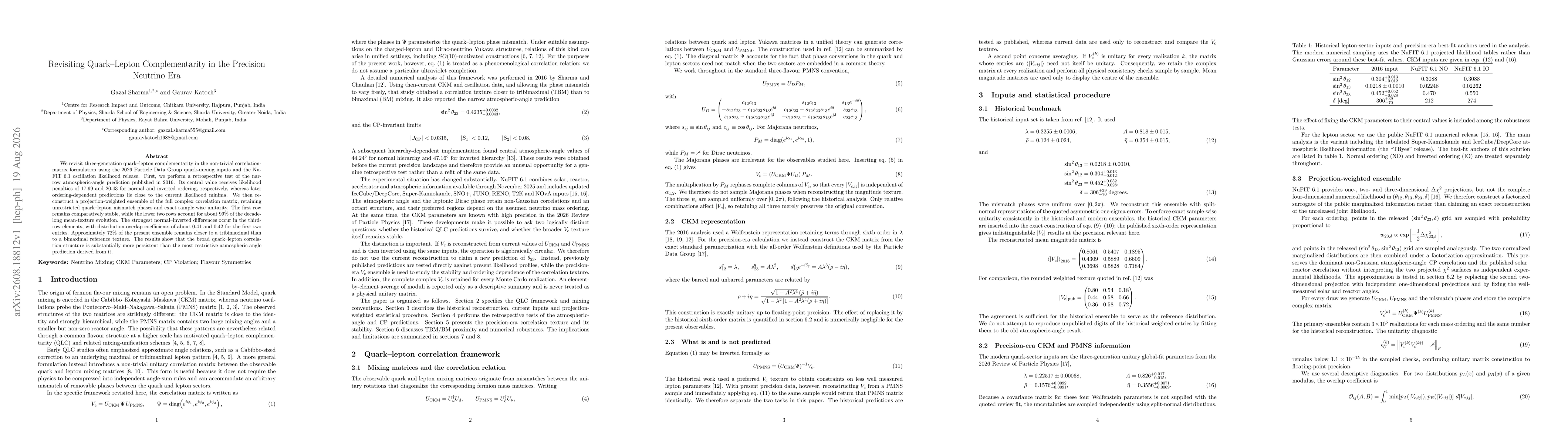 Thumbnail for Revisiting Quark-Lepton Complementarity in the Precision Neutrino Era