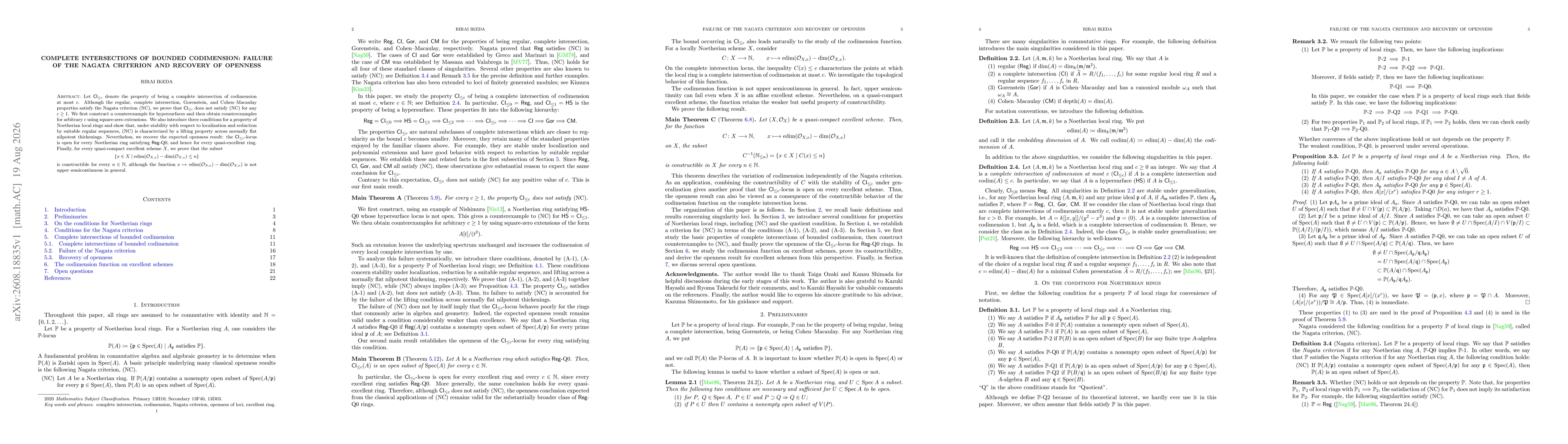 Thumbnail for Complete Intersections of Bounded Codimension: Failure of the Nagata Criterion and Recovery of Openness