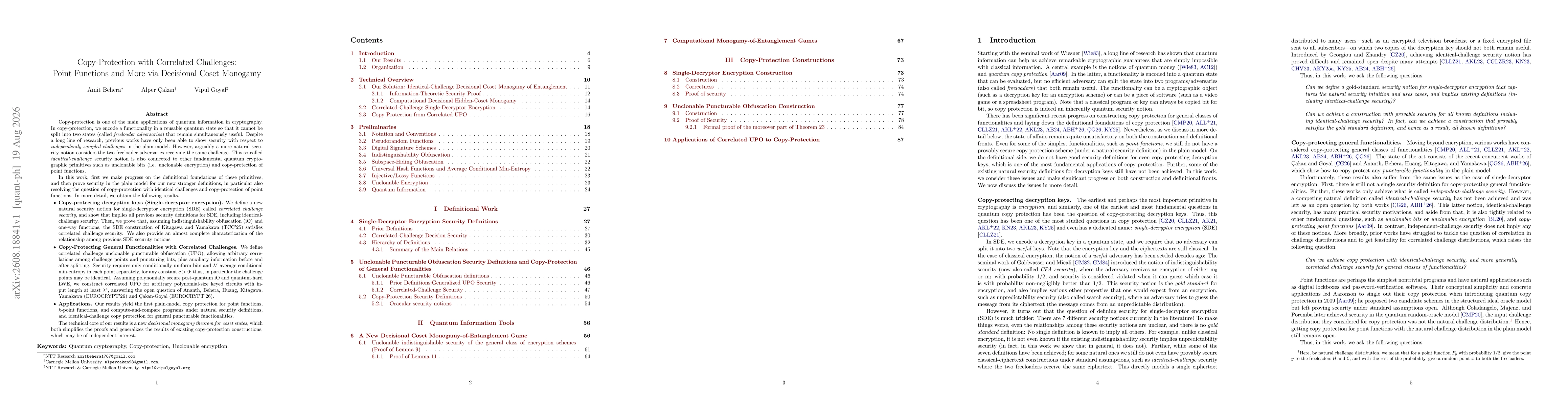 Thumbnail for Copy-Protection with Correlated Challenges: Point Functions and More via Decisional Coset Monogamy