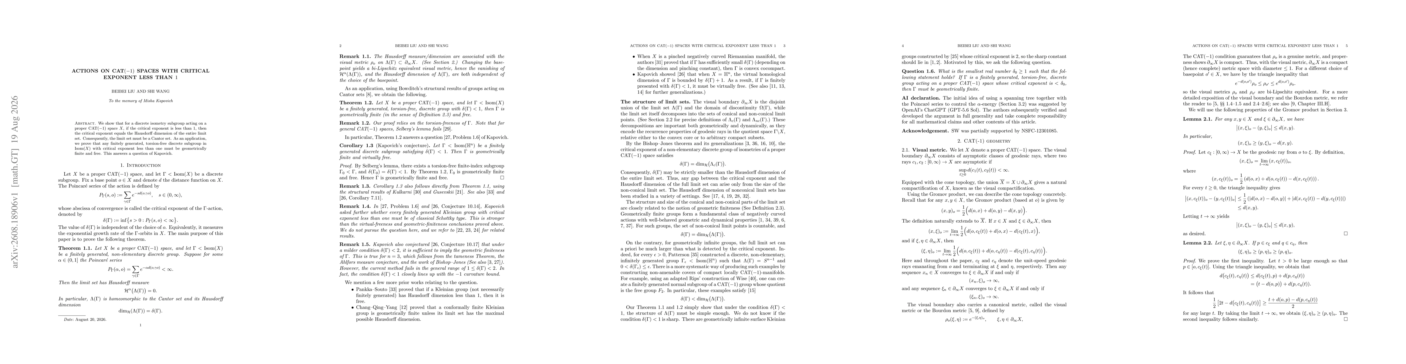 Thumbnail for Actions on CAT(-1) spaces with critical exponent less than 1