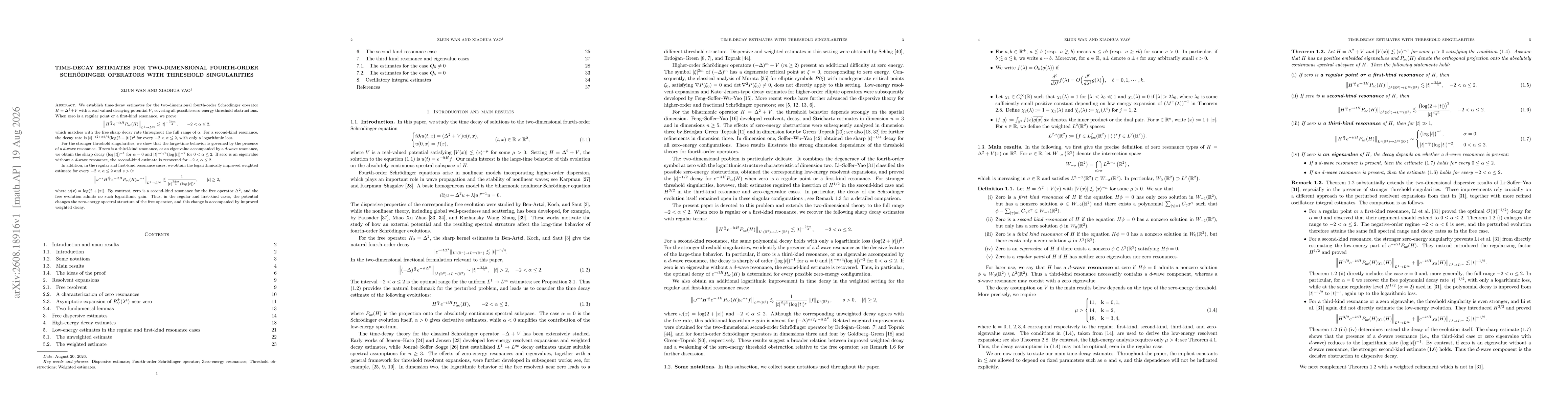 Thumbnail for Time-Decay Estimates for Two-Dimensional Fourth-Order Schrödinger Operators with Threshold Singularities