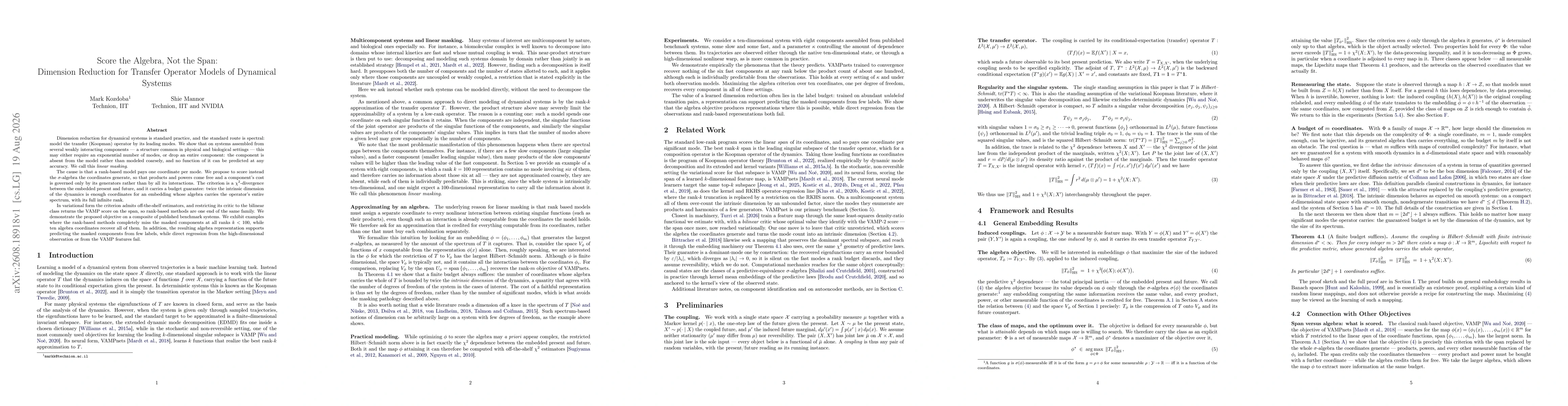 Thumbnail for Score the Algebra, Not the Span: Dimension Reduction for Transfer Operator Models of Dynamical Systems