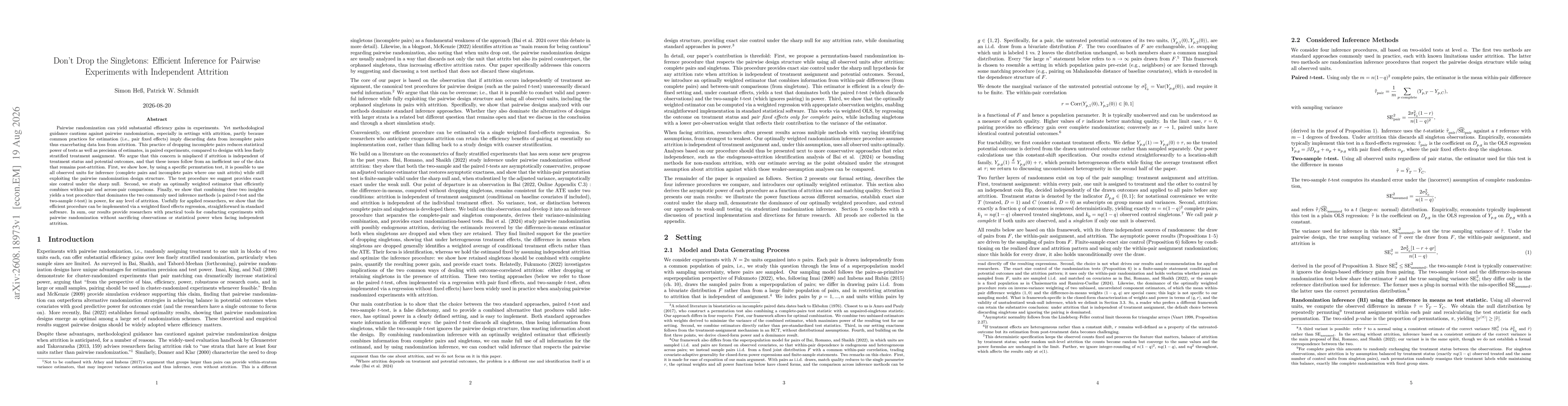 Thumbnail for Don't Drop the Singletons: Efficient Inference for Pairwise Experiments with Independent Attrition