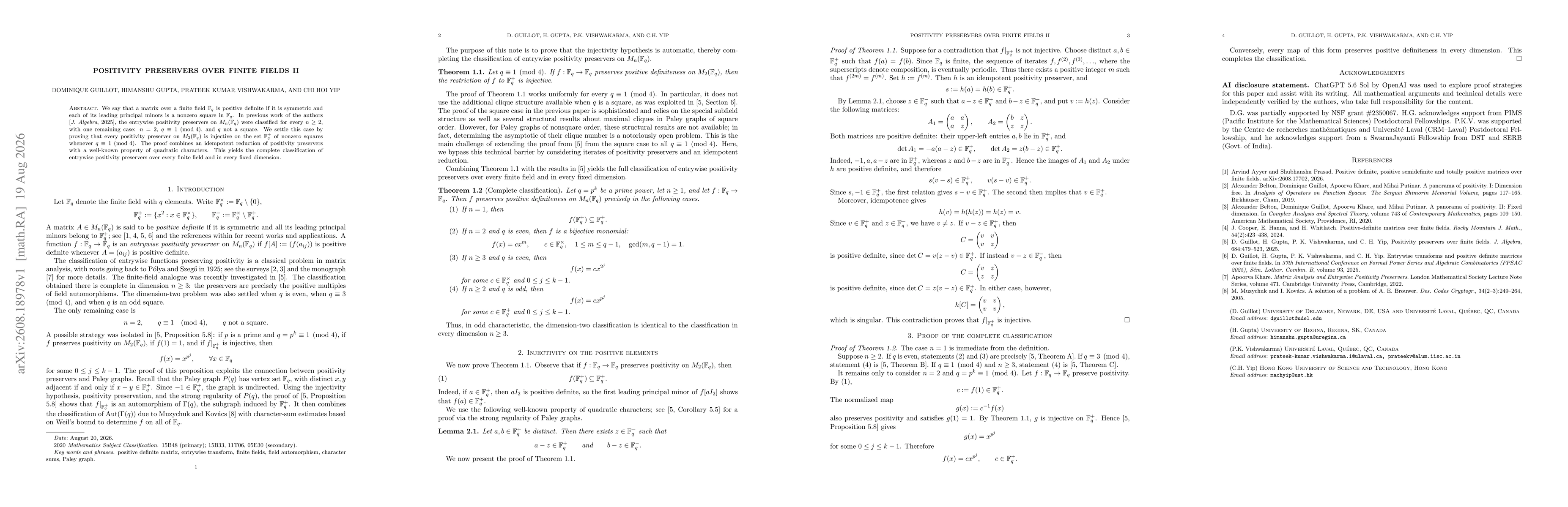 Thumbnail for Positivity preservers over finite fields II
