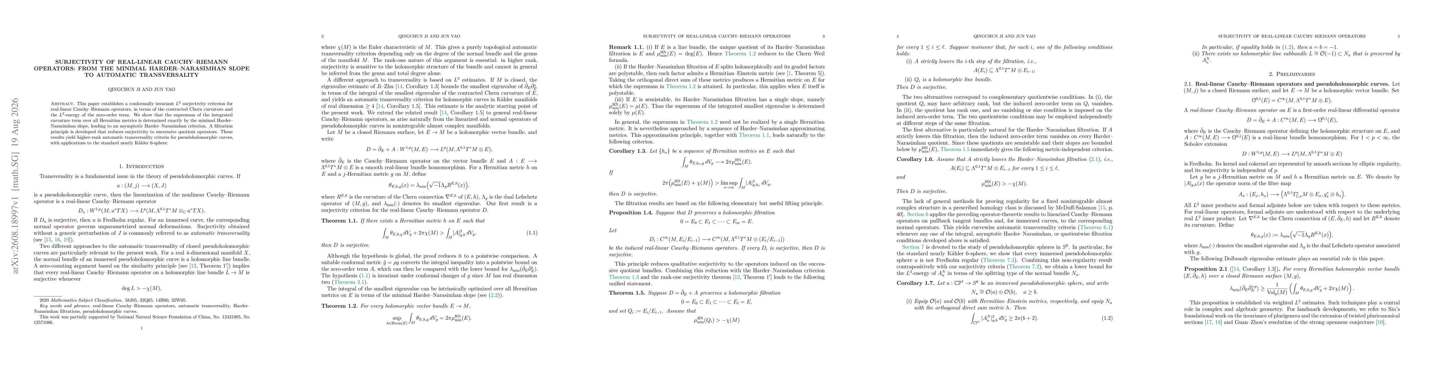 Thumbnail for Surjectivity of real-linear Cauchy--Riemann operators: from the minimal Harder--Narasimhan slope to automatic transversality