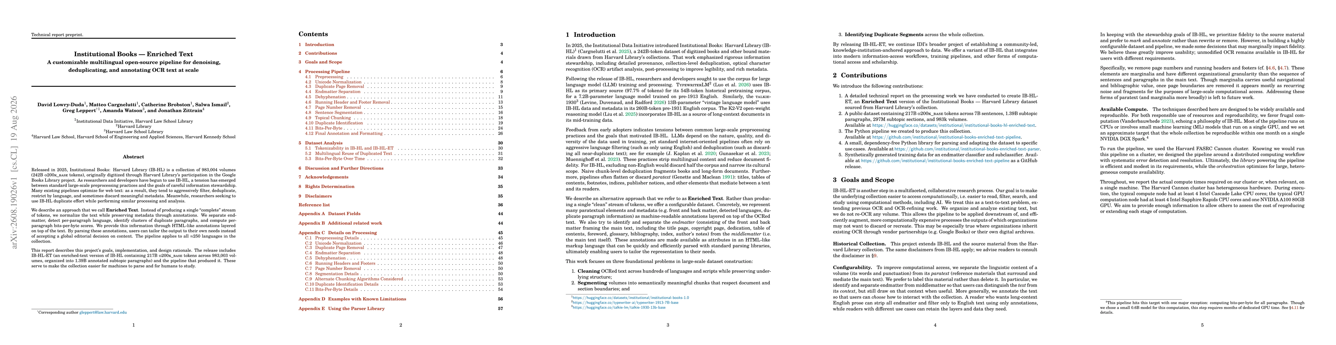 Thumbnail for Institutional Books - Enriched Text: A customizable multilingual open-source pipeline for denoising, deduplicating, and annotating OCR text at scale